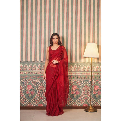 SAMMOHI BY MOKSHA & HIRAL Red Sheer Hand Embellishments Saree with Stitched Blouse