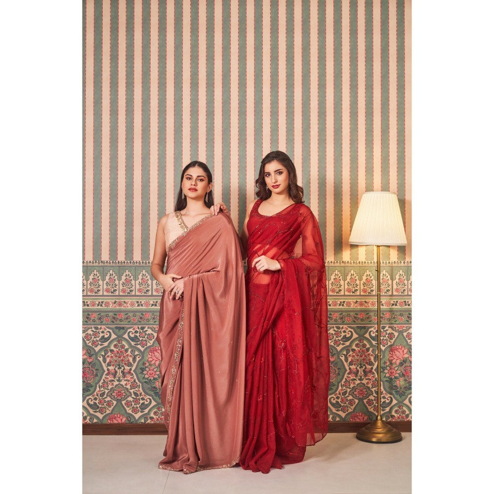 SAMMOHI BY MOKSHA & HIRAL Red Sheer Hand Embellishments Saree with Stitched Blouse