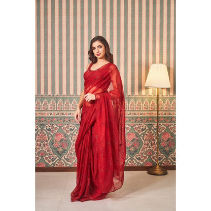 SAMMOHI BY MOKSHA & HIRAL Red Sheer Hand Embellishments Saree with Stitched Blouse