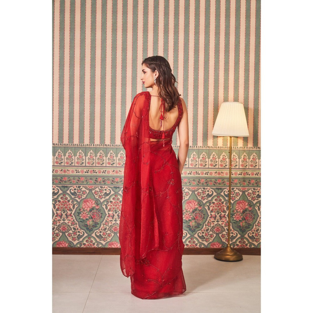 SAMMOHI BY MOKSHA & HIRAL Red Sheer Hand Embellishments Saree with Stitched Blouse