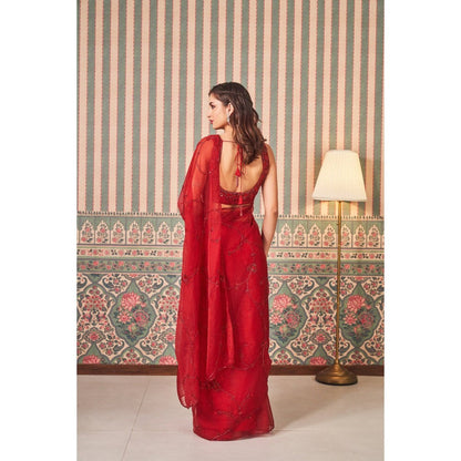 SAMMOHI BY MOKSHA & HIRAL Red Sheer Hand Embellishments Saree with Stitched Blouse