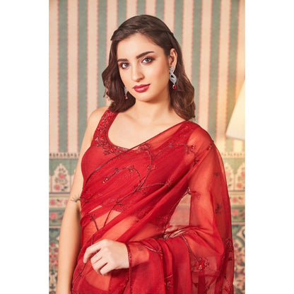 SAMMOHI BY MOKSHA & HIRAL Red Sheer Hand Embellishments Saree with Stitched Blouse