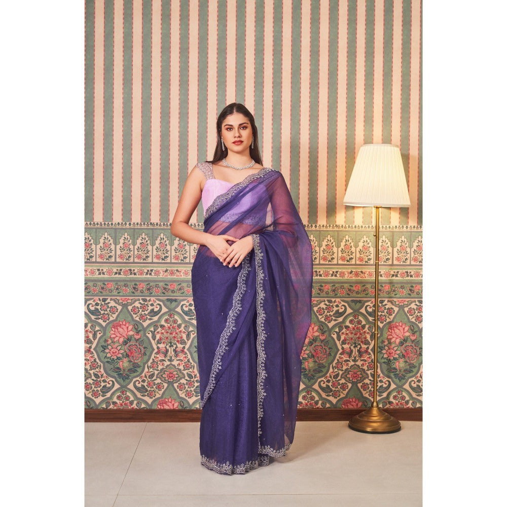 SAMMOHI BY MOKSHA & HIRAL Blue Hand Embroidery Saree with Stitched Blouse