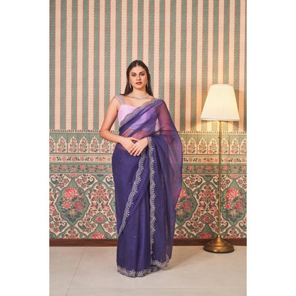 SAMMOHI BY MOKSHA & HIRAL Blue Hand Embroidery Saree with Stitched Blouse