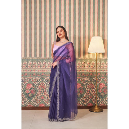SAMMOHI BY MOKSHA & HIRAL Blue Hand Embroidery Saree with Stitched Blouse