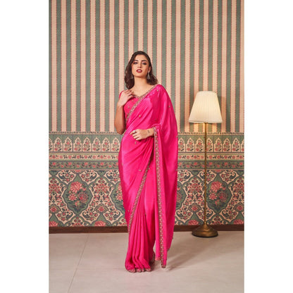 SAMMOHI BY MOKSHA & HIRAL Pink Hand Embroidered Saree with Stitched Blouse