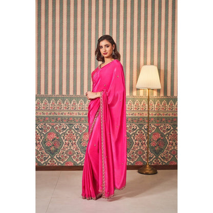 SAMMOHI BY MOKSHA & HIRAL Pink Hand Embroidered Saree with Stitched Blouse