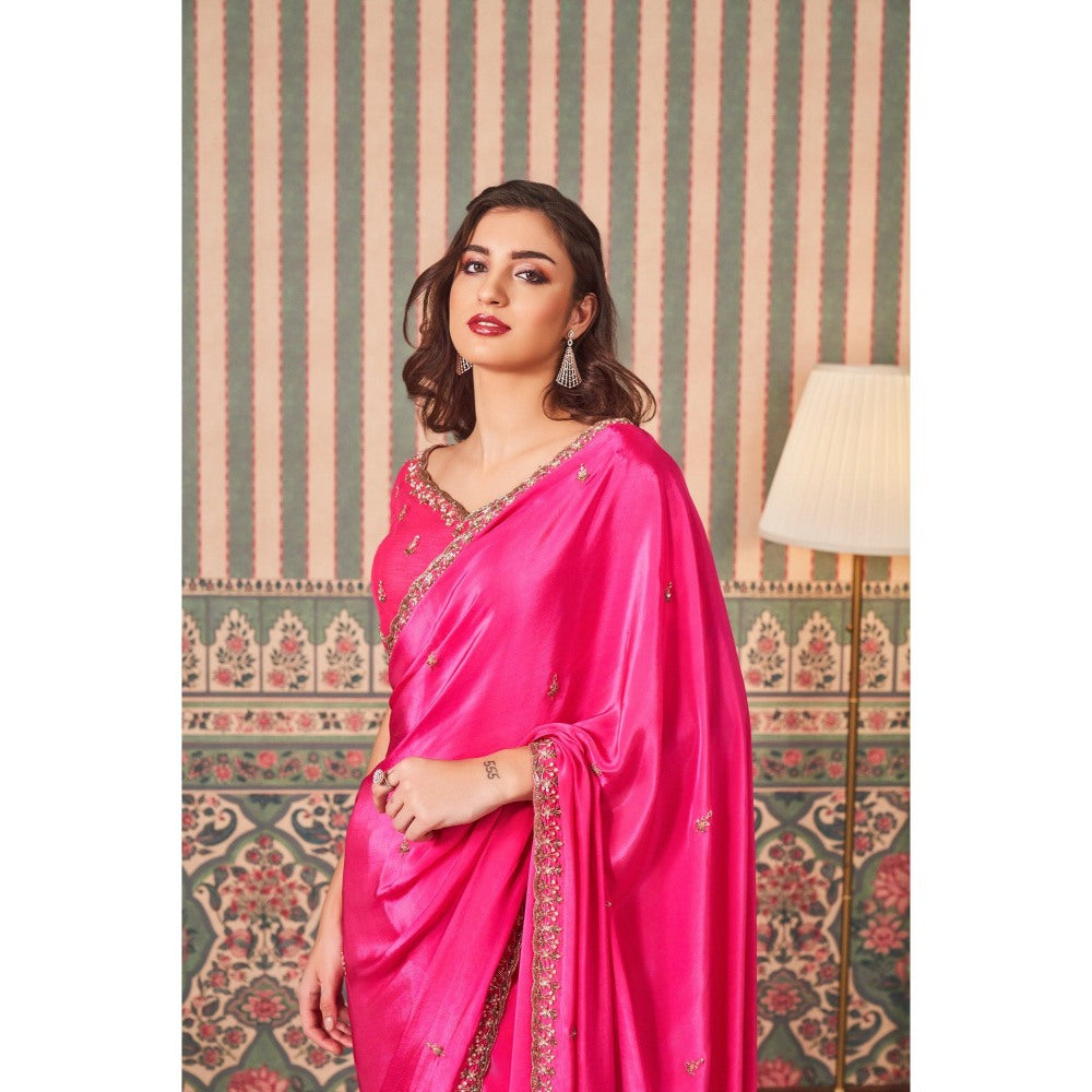 SAMMOHI BY MOKSHA & HIRAL Pink Hand Embroidered Saree with Stitched Blouse