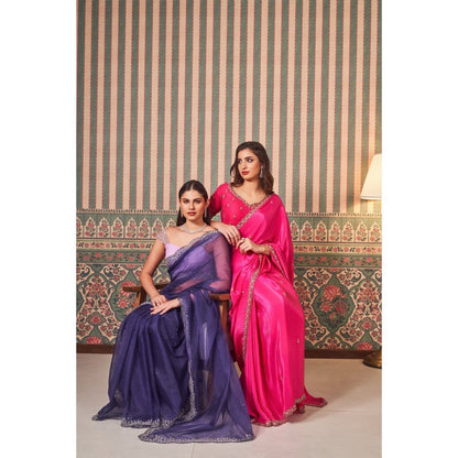 SAMMOHI BY MOKSHA & HIRAL Pink Hand Embroidered Saree with Stitched Blouse