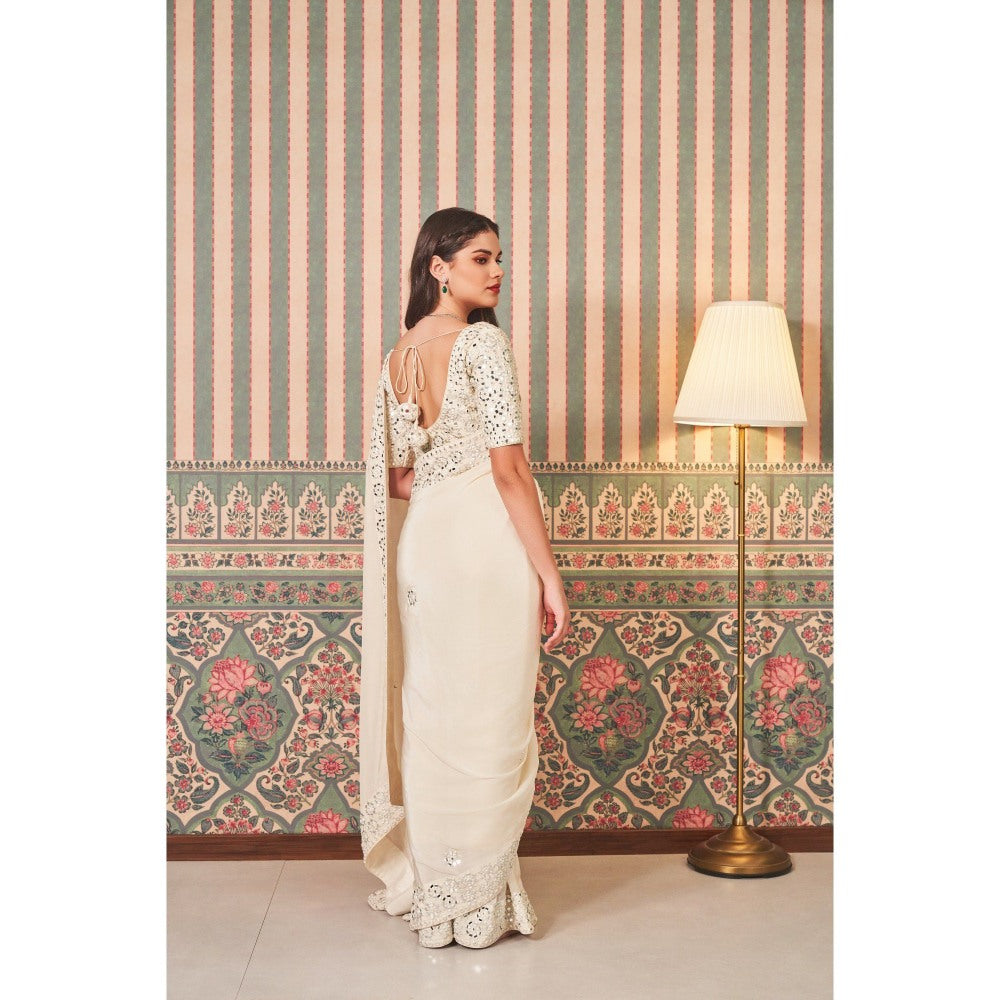 SAMMOHI BY MOKSHA & HIRAL White Mirror Work Embellishments Saree with Stitched Blouse