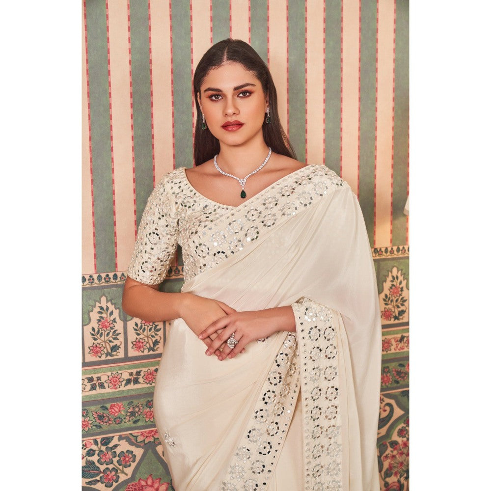 SAMMOHI BY MOKSHA & HIRAL White Mirror Work Embellishments Saree with Stitched Blouse