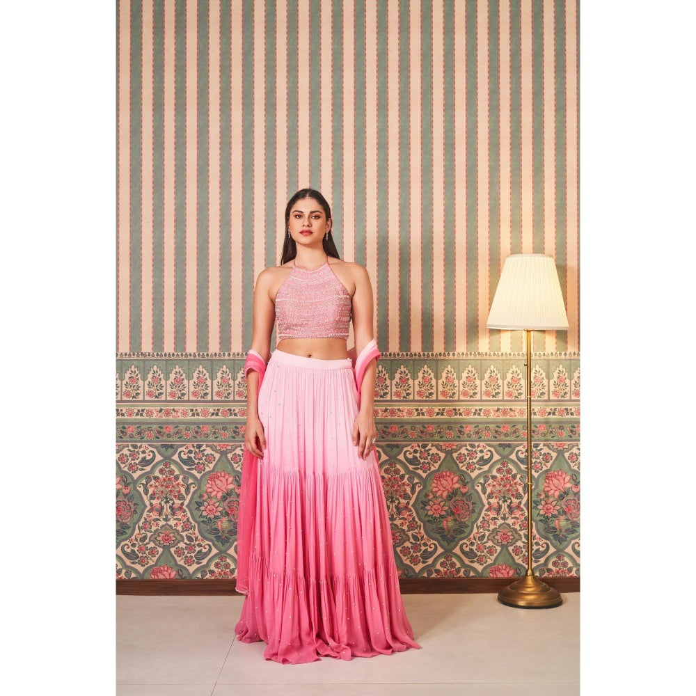 SAMMOHI BY MOKSHA & HIRAL Pink Shaded Lehenga with Halter Neck Blouse and Dupatta (Set of 3)