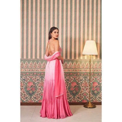 SAMMOHI BY MOKSHA & HIRAL Pink Shaded Lehenga with Halter Neck Blouse and Dupatta (Set of 3)