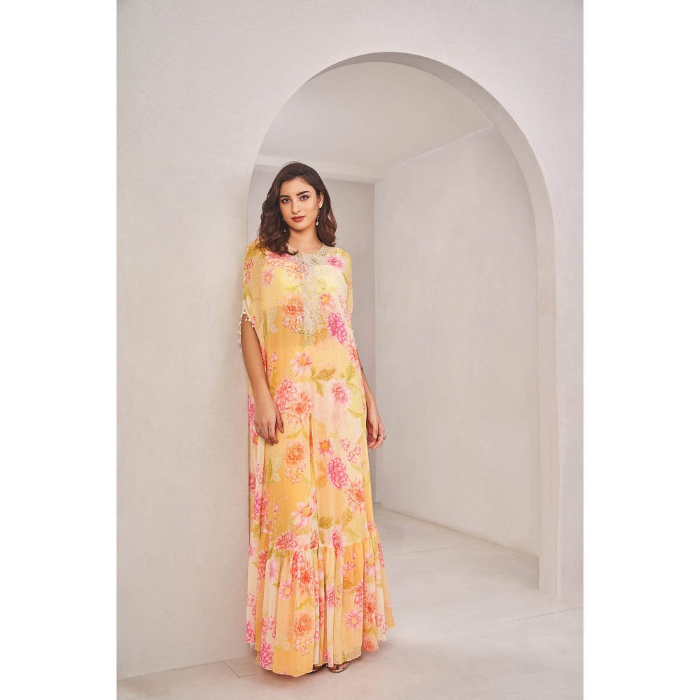 SAMMOHI BY MOKSHA & HIRAL Sunshine Yellow Cape with Blouse and Pant (Set of 3)