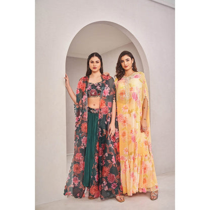 SAMMOHI BY MOKSHA & HIRAL Sunshine Yellow Cape with Blouse and Pant (Set of 3)