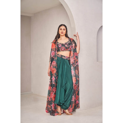 SAMMOHI BY MOKSHA & HIRAL Emerald Green Floral Cape with Blouse and Skirt (Set of 3)