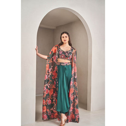 SAMMOHI BY MOKSHA & HIRAL Emerald Green Floral Cape with Blouse and Skirt (Set of 3)