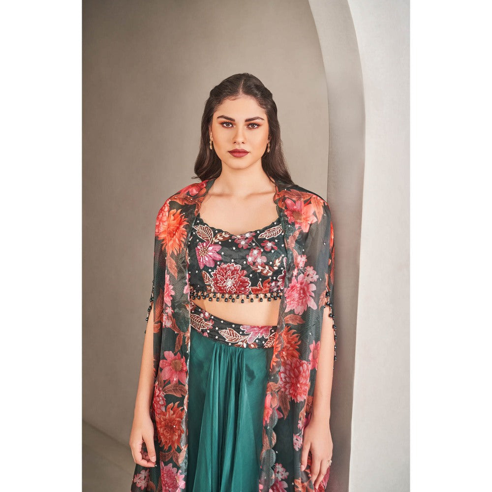 SAMMOHI BY MOKSHA & HIRAL Emerald Green Floral Cape with Blouse and Skirt (Set of 3)