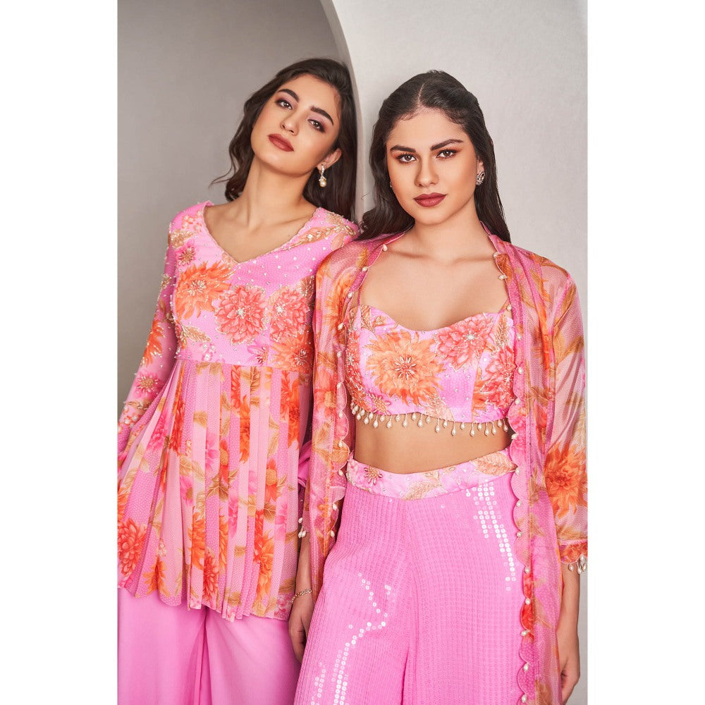 SAMMOHI BY MOKSHA & HIRAL Pink Jacket with Blouse and Palazzo (Set of 3)