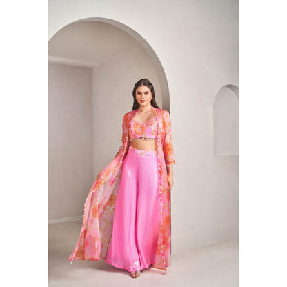 SAMMOHI BY MOKSHA & HIRAL Pink Jacket with Blouse and Palazzo (Set of 3)