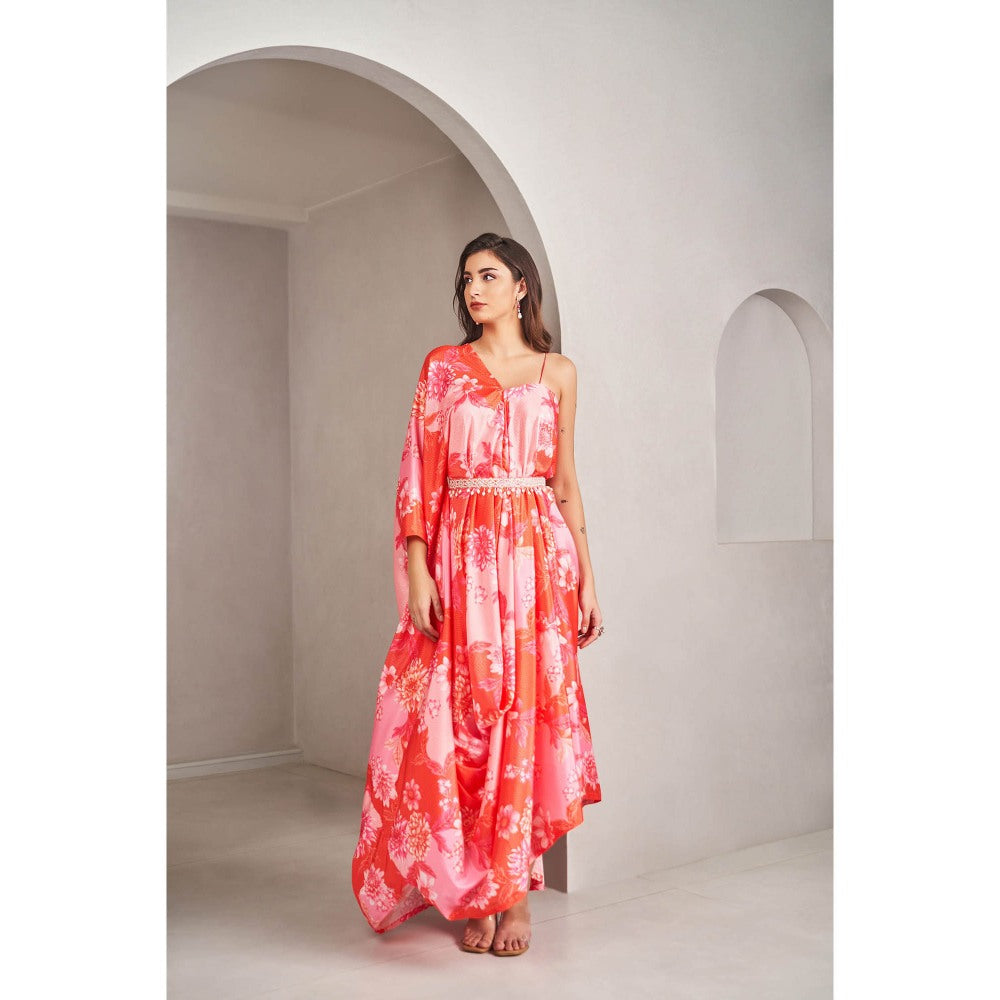 SAMMOHI BY MOKSHA & HIRAL Coral Floral Printed Draped Dress with Belt (Set of 2)