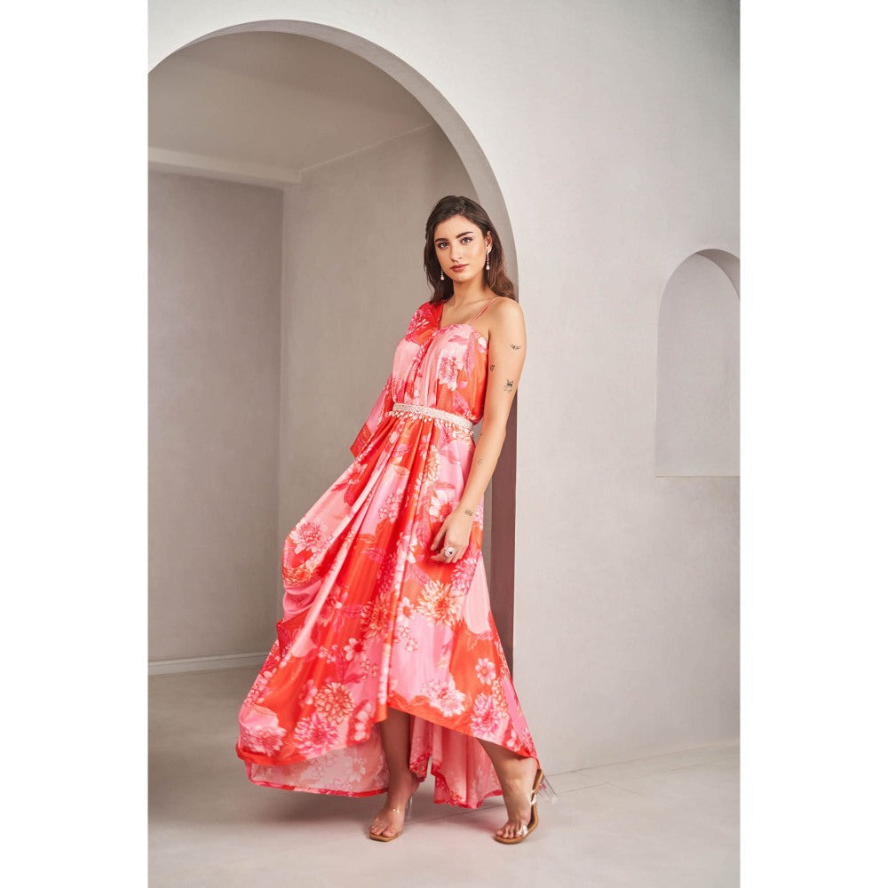 SAMMOHI BY MOKSHA & HIRAL Coral Floral Printed Draped Dress with Belt (Set of 2)