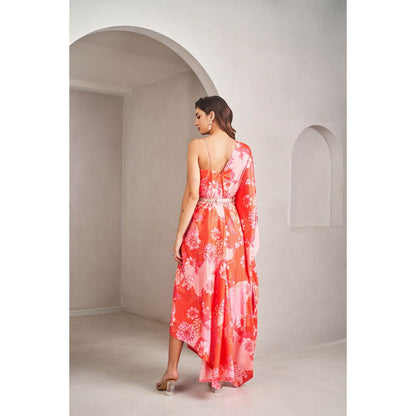 SAMMOHI BY MOKSHA & HIRAL Coral Floral Printed Draped Dress with Belt (Set of 2)