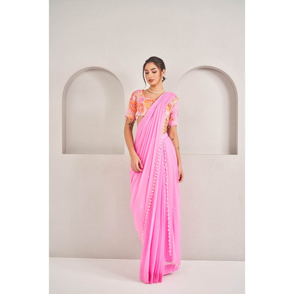 SAMMOHI BY MOKSHA & HIRAL Pink Pre- Stitched Blouse Saree with Stitched Blouse