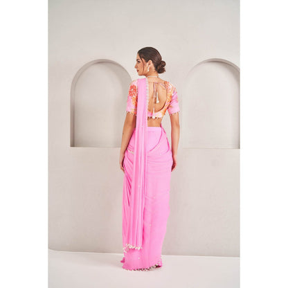 SAMMOHI BY MOKSHA & HIRAL Pink Pre- Stitched Blouse Saree with Stitched Blouse