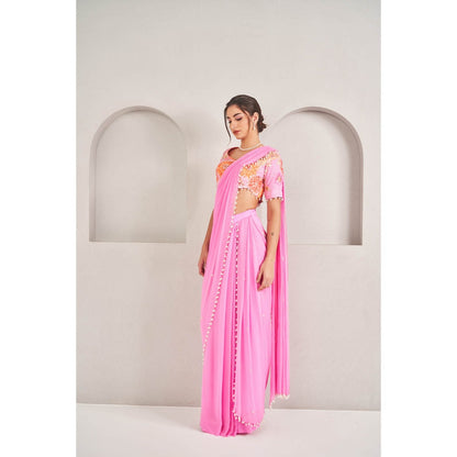 SAMMOHI BY MOKSHA & HIRAL Pink Pre- Stitched Blouse Saree with Stitched Blouse