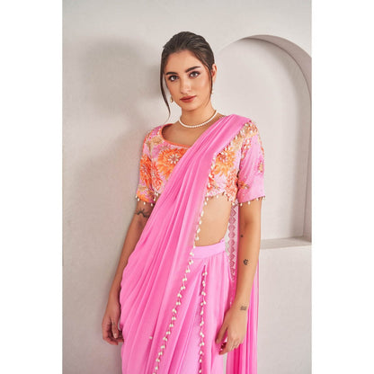 SAMMOHI BY MOKSHA & HIRAL Pink Pre- Stitched Blouse Saree with Stitched Blouse