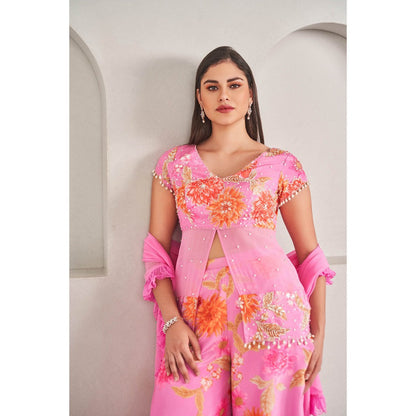 SAMMOHI BY MOKSHA & HIRAL Pink Palazzo with Top and Ruffled Dupatta (Set of 3)