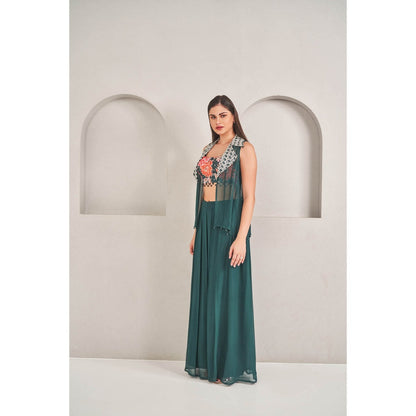 SAMMOHI BY MOKSHA & HIRAL Emerald Green Crop Jacket with Blouse and Palazzo (Set of 3)