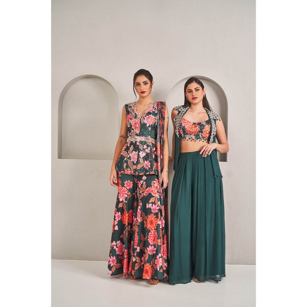 SAMMOHI BY MOKSHA & HIRAL Green Printed Sharara with Drape Attached Kurta and Belt (Set of 3)