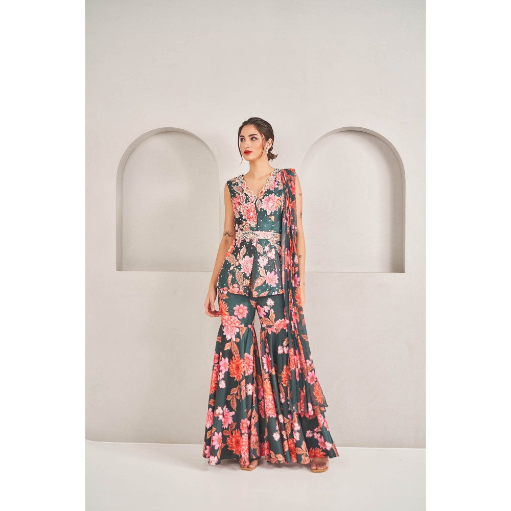 SAMMOHI BY MOKSHA & HIRAL Green Printed Sharara with Drape Attached Kurta and Belt (Set of 3)