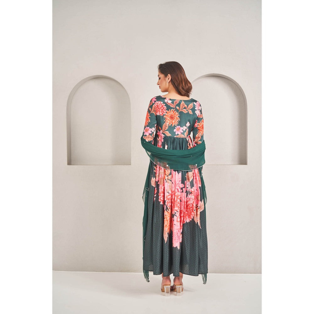 SAMMOHI BY MOKSHA & HIRAL Emerald Green Floral Printed Anarkali Dress with Dupatta (Set of 2)