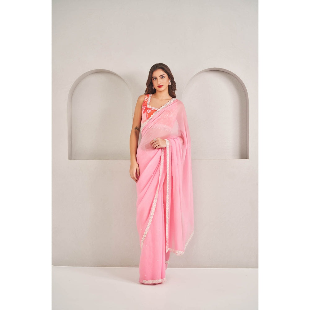 SAMMOHI BY MOKSHA & HIRAL Rose Pink Organza Saree with Stitched Blouse