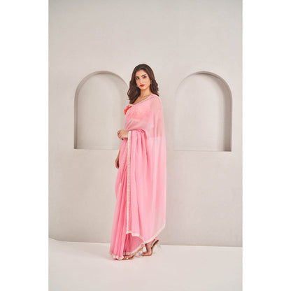SAMMOHI BY MOKSHA & HIRAL Rose Pink Organza Saree with Stitched Blouse
