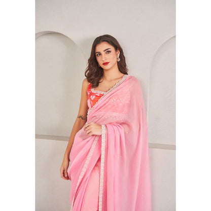 SAMMOHI BY MOKSHA & HIRAL Rose Pink Organza Saree with Stitched Blouse