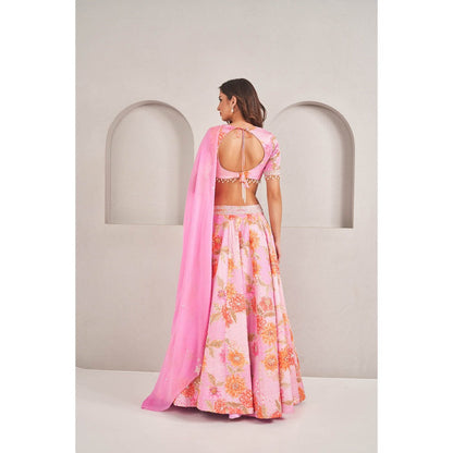 SAMMOHI BY MOKSHA & HIRAL Pink Floral Printed Lehenga with Blouse and Dupatta (Set of 3)