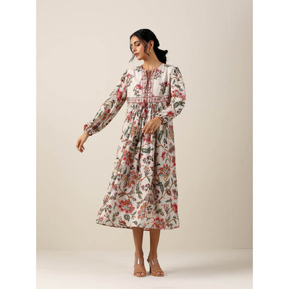 Samvrih Off White Floral Print Midi Dress