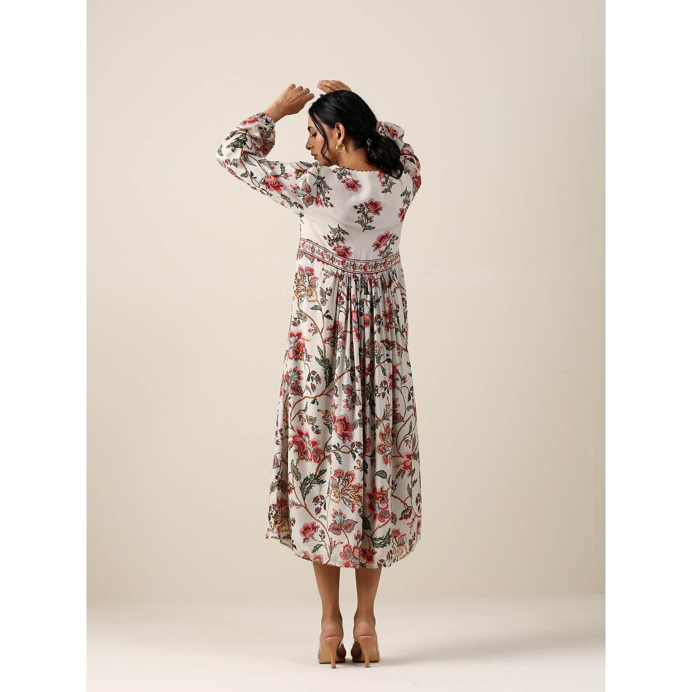 Samvrih Off White Floral Print Midi Dress