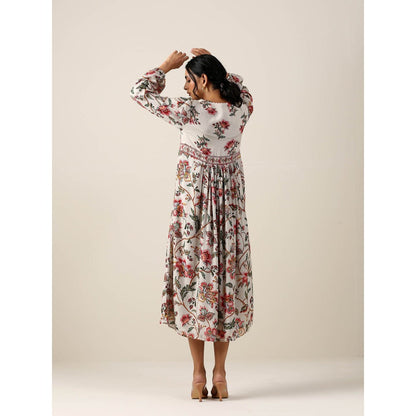 Samvrih Off White Floral Print Midi Dress