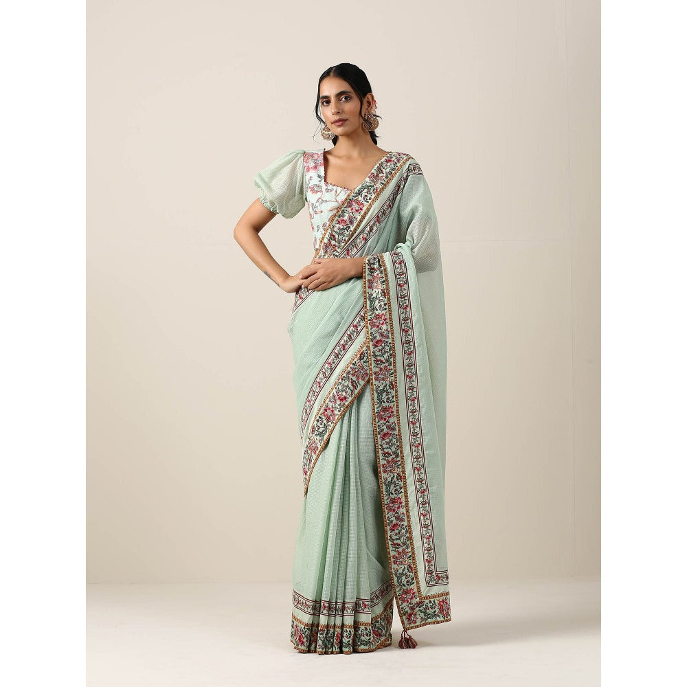 Samvrih Green Double Border Saree with Stitched Blouse