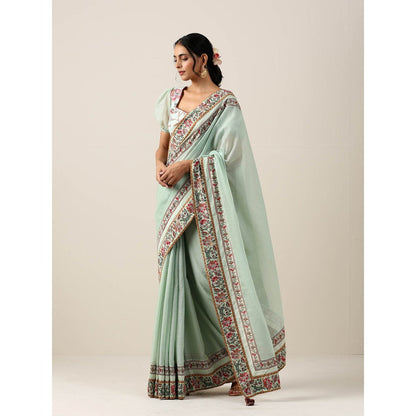 Samvrih Green Double Border Saree with Stitched Blouse