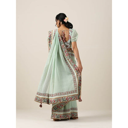 Samvrih Green Double Border Saree with Stitched Blouse