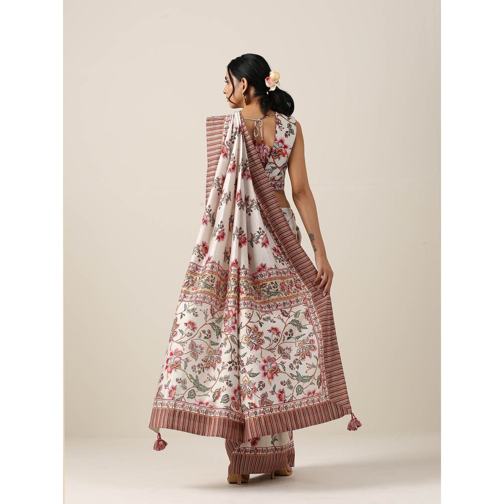 Samvrih Off White Floral Saree with Stitched Blouse