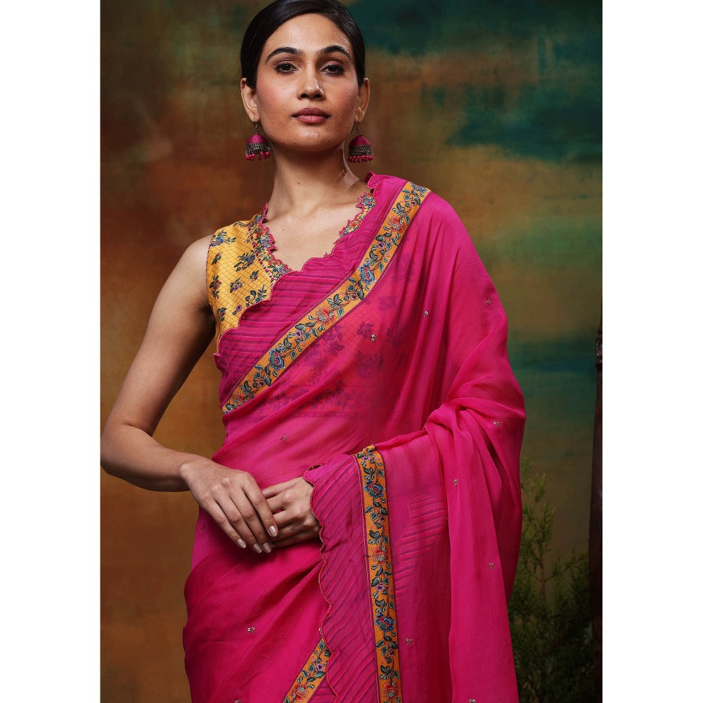 Samvrih Pink Gulab Sitara Saree with Stitched Blouse