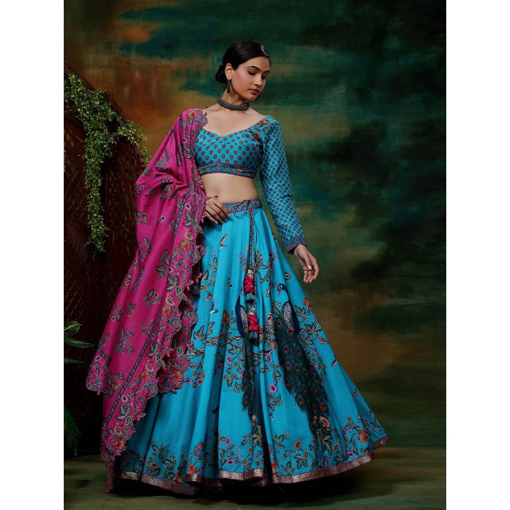 Samvrih Blue Neel Mayur Lehenga with Blouse and Dupatta (Set of 3)