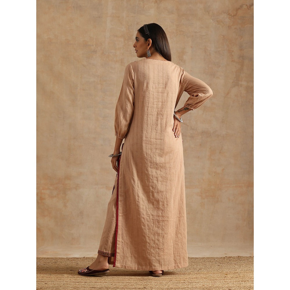 Samvrih Beige Badami Jaal Print Yoke Kurta with Pant (Set of 2)